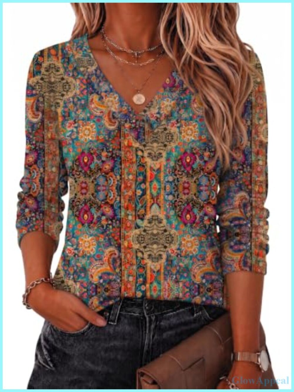 Women's Long Sleeve V-Neck Top Loose Fit Pullover Blouse